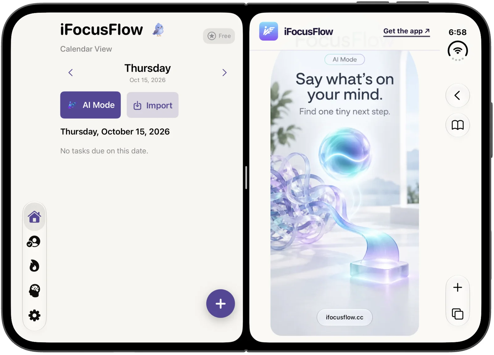 iPhone Duo unfolded, with iFocusFlow calendar day view and a vertical side rail on the left half, and ifocusflow.cc open beside it on the right half
