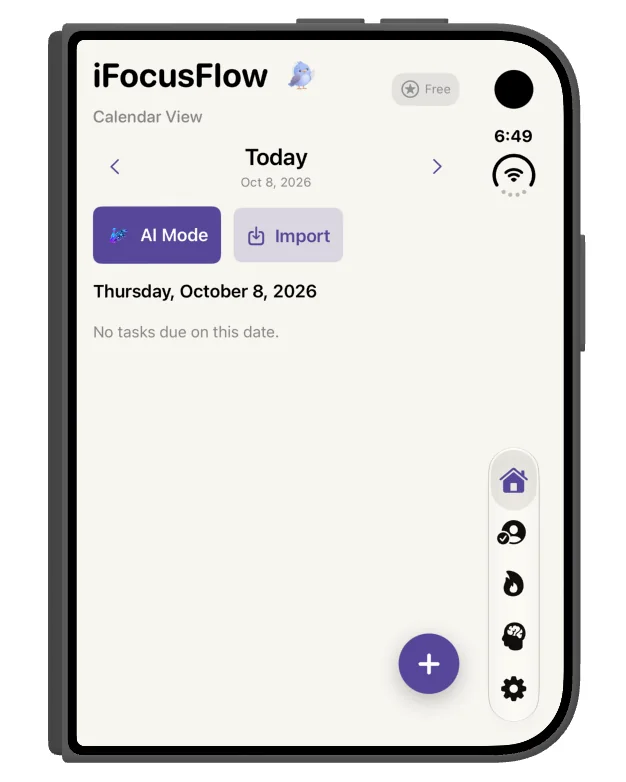 iPhone Duo folded, showing iFocusFlow Today calendar view with a vertical icon rail on the right