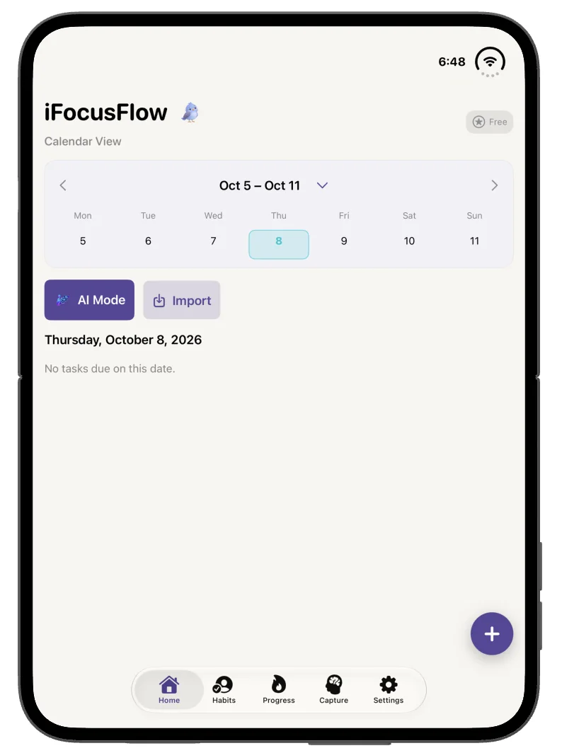 iPhone Duo unfolded in portrait, showing a week-strip calendar and a bottom tab bar for Home, Habits, Progress, Capture and Settings