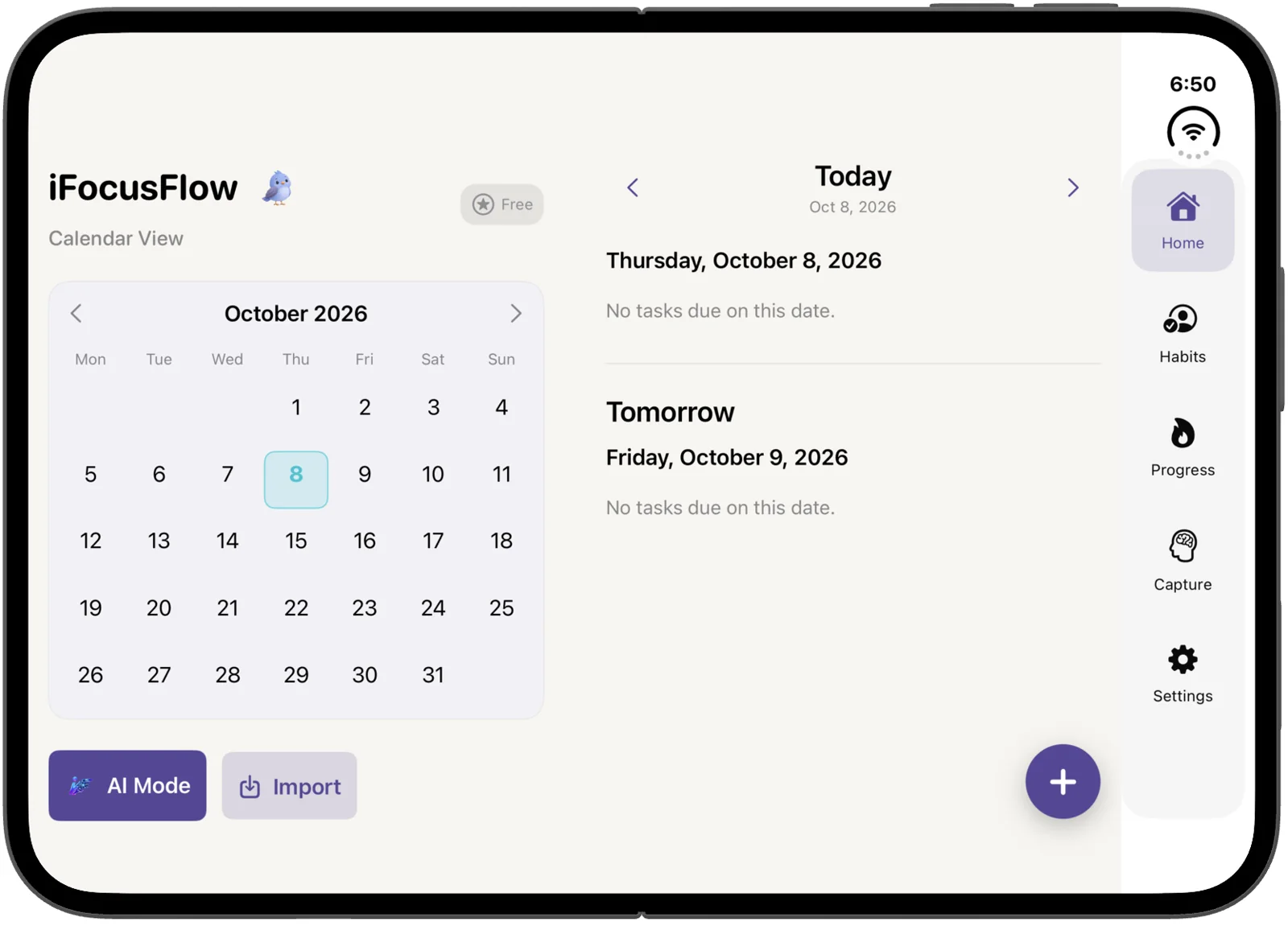 iPhone Duo unfolded in landscape, with a month calendar on the left, Today and Tomorrow lists on the right, and a labelled side navigation rail