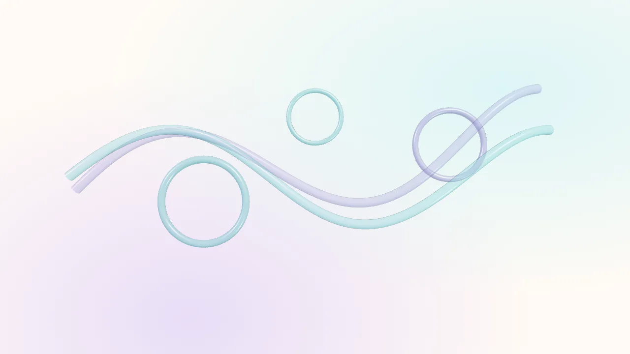 Abstract concept artwork: two glossy pastel ribbons flowing in a gentle wave with soft translucent rings on a light gradient background